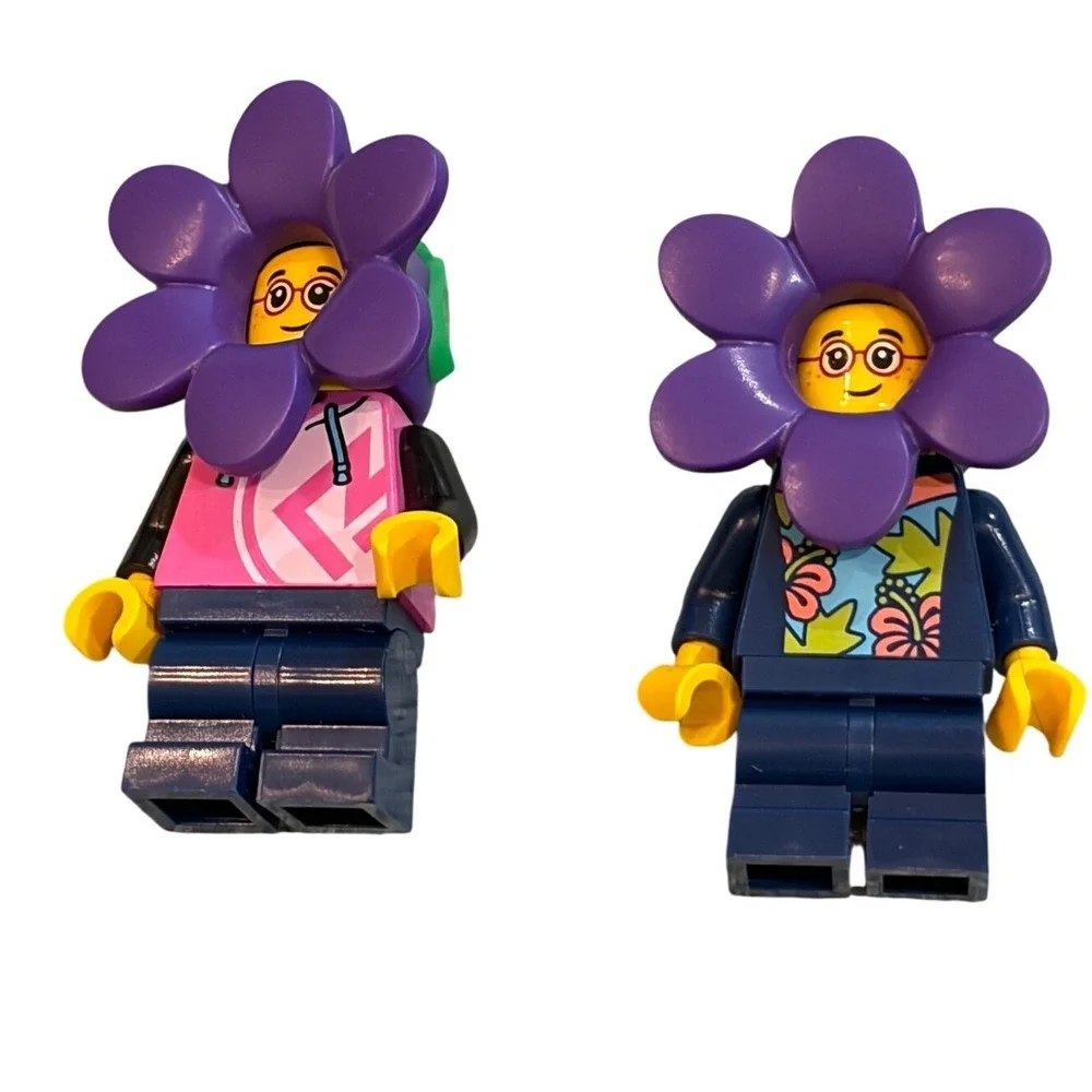 LEGO Minifigure Lot 2 Purple Flower Head Girl Freckles Glasses Pink Hoodie Blue